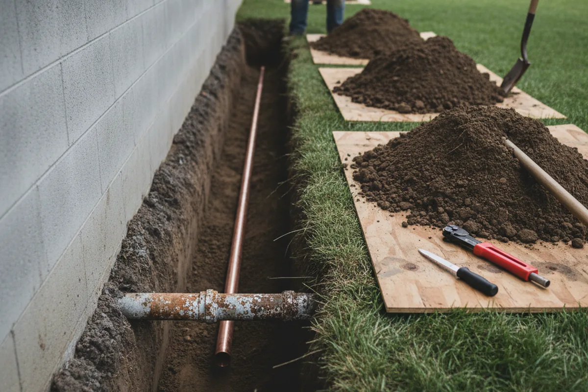 Excavated water line trench during Water Softener Installation in Newhall